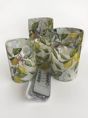 NEW Flameless Remote Candle Set of 3 - Lemon Tree painted glass